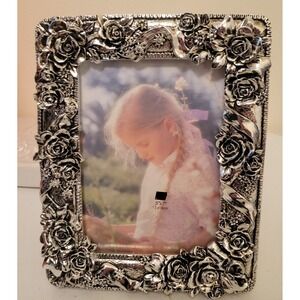 Silvertone Metal Frame with 3D Roses 5 X 7 Photo Ornate Vintage Free Standing